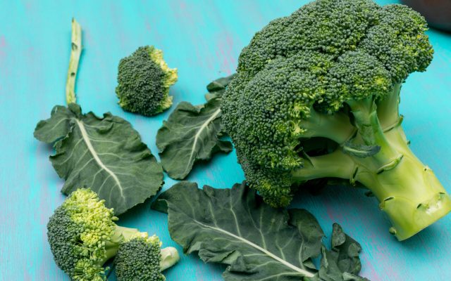 fresh broccoli on blue background